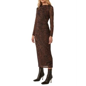 Ever New Loretta Ruched Side Mesh Midi Dress Black Brown Abstract Print